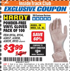 Harbor Freight ITC Coupon POWDER-FREE VINYL GLOVES PACK OF 100 Lot No. 63857/8935/63858/8936/63859/8934 Expired: 3/31/19 - $3.99