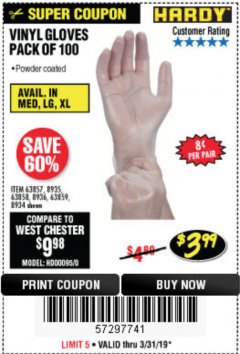 Harbor Freight Coupon POWDER-FREE VINYL GLOVES PACK OF 100 Lot No. 63857/8935/63858/8936/63859/8934 Expired: 3/31/19 - $3.99