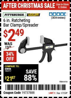 Harbor Freight Coupon PITTSBURGH 6" RATCHET BAR CLAMP/SPREADER Lot No. 46806/62122/69045/64154 Expired: 1/7/24 - $2.49