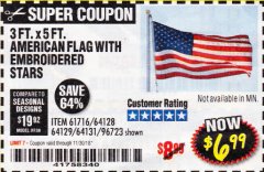Harbor Freight Coupon 3 FT. X 5 FT. AMERICAN FLAG WITH EMBROIDERED STARS Lot No. 61716/96723/64128/64129/64131 Expired: 11/30/18 - $6.99