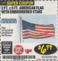 Harbor Freight Coupon 3 FT. X 5 FT. AMERICAN FLAG WITH EMBROIDERED STARS Lot No. 61716/96723/64128/64129/64131 Expired: 4/30/19 - $6.99