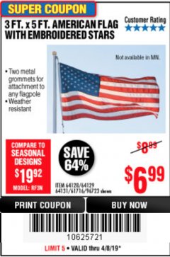 Harbor Freight Coupon 3 FT. X 5 FT. AMERICAN FLAG WITH EMBROIDERED STARS Lot No. 61716/96723/64128/64129/64131 Expired: 4/8/19 - $6.99