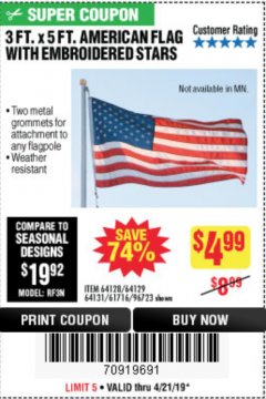 Harbor Freight Coupon 3 FT. X 5 FT. AMERICAN FLAG WITH EMBROIDERED STARS Lot No. 61716/96723/64128/64129/64131 Expired: 4/21/19 - $4.99