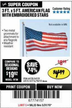 Harbor Freight Coupon 3 FT. X 5 FT. AMERICAN FLAG WITH EMBROIDERED STARS Lot No. 61716/96723/64128/64129/64131 Expired: 5/31/19 - $4.99