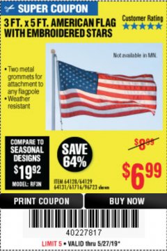 Harbor Freight Coupon 3 FT. X 5 FT. AMERICAN FLAG WITH EMBROIDERED STARS Lot No. 61716/96723/64128/64129/64131 Expired: 5/27/19 - $6.99