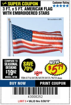 Harbor Freight Coupon 3 FT. X 5 FT. AMERICAN FLAG WITH EMBROIDERED STARS Lot No. 61716/96723/64128/64129/64131 Expired: 9/30/19 - $5.79