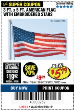 Harbor Freight Coupon 3 FT. X 5 FT. AMERICAN FLAG WITH EMBROIDERED STARS Lot No. 61716/96723/64128/64129/64131 Expired: 9/30/19 - $5.79
