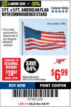 Harbor Freight Coupon 3 FT. X 5 FT. AMERICAN FLAG WITH EMBROIDERED STARS Lot No. 61716/96723/64128/64129/64131 Expired: 9/8/19 - $6.99