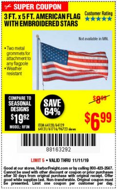 Harbor Freight Coupon 3 FT. X 5 FT. AMERICAN FLAG WITH EMBROIDERED STARS Lot No. 61716/96723/64128/64129/64131 Expired: 11/11/19 - $6.99