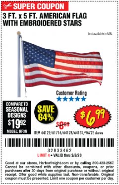 Harbor Freight Coupon 3 FT. X 5 FT. AMERICAN FLAG WITH EMBROIDERED STARS Lot No. 61716/96723/64128/64129/64131 Expired: 2/8/20 - $6.99