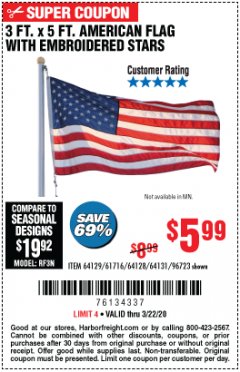 Harbor Freight Coupon 3 FT. X 5 FT. AMERICAN FLAG WITH EMBROIDERED STARS Lot No. 61716/96723/64128/64129/64131 Expired: 3/22/20 - $5.99