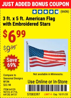Harbor Freight Coupon 3 FT. X 5 FT. AMERICAN FLAG WITH EMBROIDERED STARS Lot No. 61716/96723/64128/64129/64131 Expired: 10/31/20 - $6.99