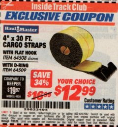 Harbor Freight ITC Coupon 4"X30 FT. CARGO STRAPS WITH D-RING OR WITH FLAT HOOK Lot No. 64508/64509 Expired: 7/31/19 - $12.99