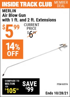 Harbor Freight ITC Coupon MERLIN AIR BLOW GUN WITH 2 FT. EXTENSION Lot No. 63574 Expired: 10/28/21 - $5.99