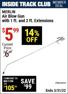 Harbor Freight ITC Coupon MERLIN AIR BLOW GUN WITH 2 FT. EXTENSION Lot No. 63574 Expired: 3/31/22 - $5.99