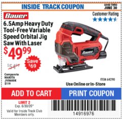 Harbor Freight ITC Coupon BAUER 6.5 AMP HEAVY DUTY TOOL-FREE VARIABLE SPEED ORBITAL JIG SAW Lot No. 64290 Expired: 6/30/20 - $49.99