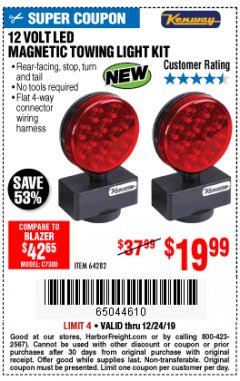 Harbor Freight Coupon 12 VOLT LED MAGNETIC TOWING LIGHT KIT Lot No. 64282 Expired: 12/24/19 - $19.99