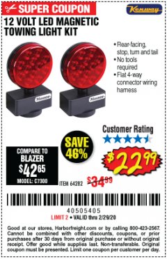 Harbor Freight Coupon 12 VOLT LED MAGNETIC TOWING LIGHT KIT Lot No. 64282 Expired: 2/29/20 - $22.99