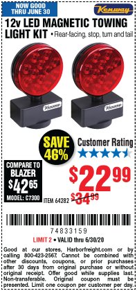Harbor Freight Coupon 12 VOLT LED MAGNETIC TOWING LIGHT KIT Lot No. 64282 Expired: 6/30/20 - $22.99