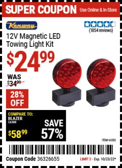 Harbor Freight Coupon 12 VOLT LED MAGNETIC TOWING LIGHT KIT Lot No. 64282 Expired: 10/23/22 - $24.99