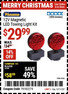 Harbor Freight Coupon 12 VOLT LED MAGNETIC TOWING LIGHT KIT Lot No. 64282 Expired: 12/11/22 - $29.99