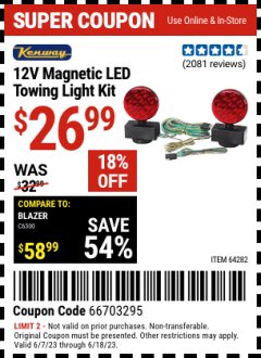 Harbor Freight Coupon 12 VOLT LED MAGNETIC TOWING LIGHT KIT Lot No. 64282 Expired: 6/18/23 - $26.99