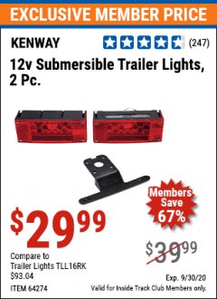 Harbor Freight ITC Coupon 2 PIECE, 12 VOLT SUBMERSIBLE TRAILER LIGHTS Lot No. 64274 Expired: 9/30/20 - $29.99