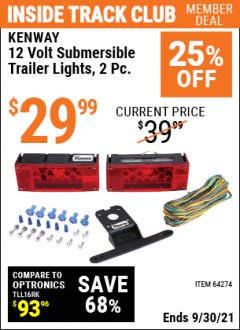 Harbor Freight ITC Coupon 2 PIECE, 12 VOLT SUBMERSIBLE TRAILER LIGHTS Lot No. 64274 Expired: 9/30/21 - $29.99