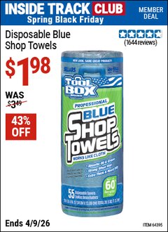 Harbor Freight Coupon TOOLBOX DISPOSABLE BLUE SHOP TOWELS Lot No. 64395 Valid: 12/31/69 - 4/9/26 - $1.98