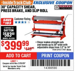 Harbor Freight ITC Coupon 30" SHEAR PRESS BRAKE AND SLIP ROLL Lot No. 62927/5907 Expired: 2/25/20 - $399.99