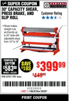 Harbor Freight Coupon 30" SHEAR PRESS BRAKE AND SLIP ROLL Lot No. 62927/5907 Expired: 3/8/20 - $399.99