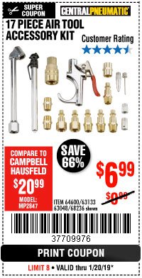Harbor Freight Coupon 17 PIECE AIR TOOL ACCESSORY KIT Lot No. 63048/61449/64600/56713/68236 Expired: 1/20/19 - $6.99