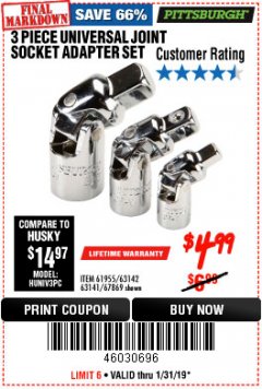 Harbor Freight Coupon 3 PIECE UNIVERSAL JOINT SOCKET ADAPTER SET Lot No. 63141/61955 Expired: 1/31/19 - $4.99