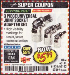 Harbor Freight Coupon 3 PIECE UNIVERSAL JOINT SOCKET ADAPTER SET Lot No. 63141/61955 Expired: 10/31/19 - $5.99