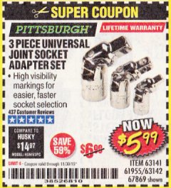 Harbor Freight Coupon 3 PIECE UNIVERSAL JOINT SOCKET ADAPTER SET Lot No. 63141/61955 Expired: 11/30/19 - $5.99
