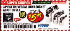 Harbor Freight Coupon 3 PIECE UNIVERSAL JOINT SOCKET ADAPTER SET Lot No. 63141/61955 Expired: 3/31/20 - $5.99