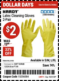 Harbor Freight Coupon HARDY LATEX CLEANING GLOVES, 2-PAIR Lot No. 64183/64184 Expired: 10/21/26 - $2