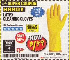 Harbor Freight Coupon LATEX CLEANING GLOVES 2 PAIR Lot No. 64184/64183 Expired: 11/30/19 - $1.49