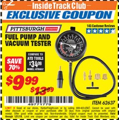 Harbor Freight ITC Coupon FUEL PUMP AND VACUUM TESTER PITTSBURGH Lot No. 62637 Expired: 1/31/19 - $9.99