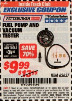 Harbor Freight ITC Coupon FUEL PUMP AND VACUUM TESTER PITTSBURGH Lot No. 62637 Expired: 7/31/19 - $9.99