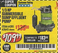 Harbor Freight Coupon 1/3 HP SUBMERSIBLE SUMP-EFFLUENT PUMP WITH VERTICAL FLOAT SWITCH Lot No. 64285/63645 Expired: 4/30/19 - $183.88