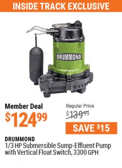 Harbor Freight Coupon 1/3 HP SUBMERSIBLE SUMP-EFFLUENT PUMP WITH VERTICAL FLOAT SWITCH Lot No. 64285/63645 Expired: 7/1/21 - $124.99