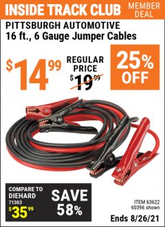 Harbor Freight ITC Coupon 16 FT. 6 GAUGE HEAVY DUTY BOOSTER CABLES Lot No. 60396 Expired: 8/26/21 - $14.99