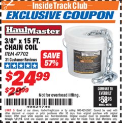 Harbor Freight ITC Coupon 3/8" X 15 FT. CHAIN COIL Lot No. 47702 Expired: 1/31/19 - $24.99
