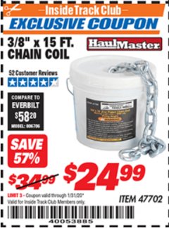 Harbor Freight ITC Coupon 3/8" X 15 FT. CHAIN COIL Lot No. 47702 Expired: 1/31/20 - $24.99