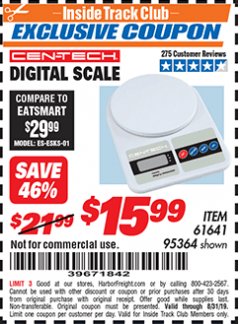 Harbor Freight ITC Coupon CEN TECH DIGITAL SCALE Lot No. 95364,61641 Expired: 8/31/19 - $15.99