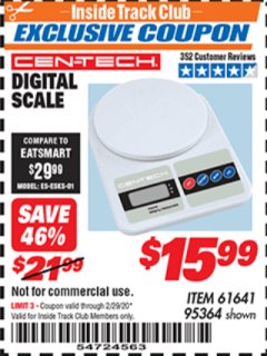 Harbor Freight ITC Coupon CEN TECH DIGITAL SCALE Lot No. 95364,61641 Expired: 2/29/20 - $15.99