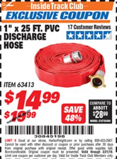Harbor Freight ITC Coupon 1 IN. X 25 FT. PVC DISCHARGE HOSE Lot No. 63413 Expired: 3/31/19 - $14.99
