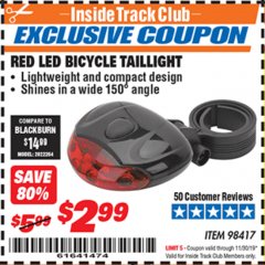 Harbor Freight ITC Coupon RED LED BICYCLE TAIL LIGHT Lot No. 98417 Expired: 11/30/19 - $2.99