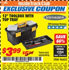 Harbor Freight ITC Coupon VOYAGER 12 IN. TOOLBOX WITH TOP TRAY Lot No. 96602 Expired: 1/31/19 - $3.99